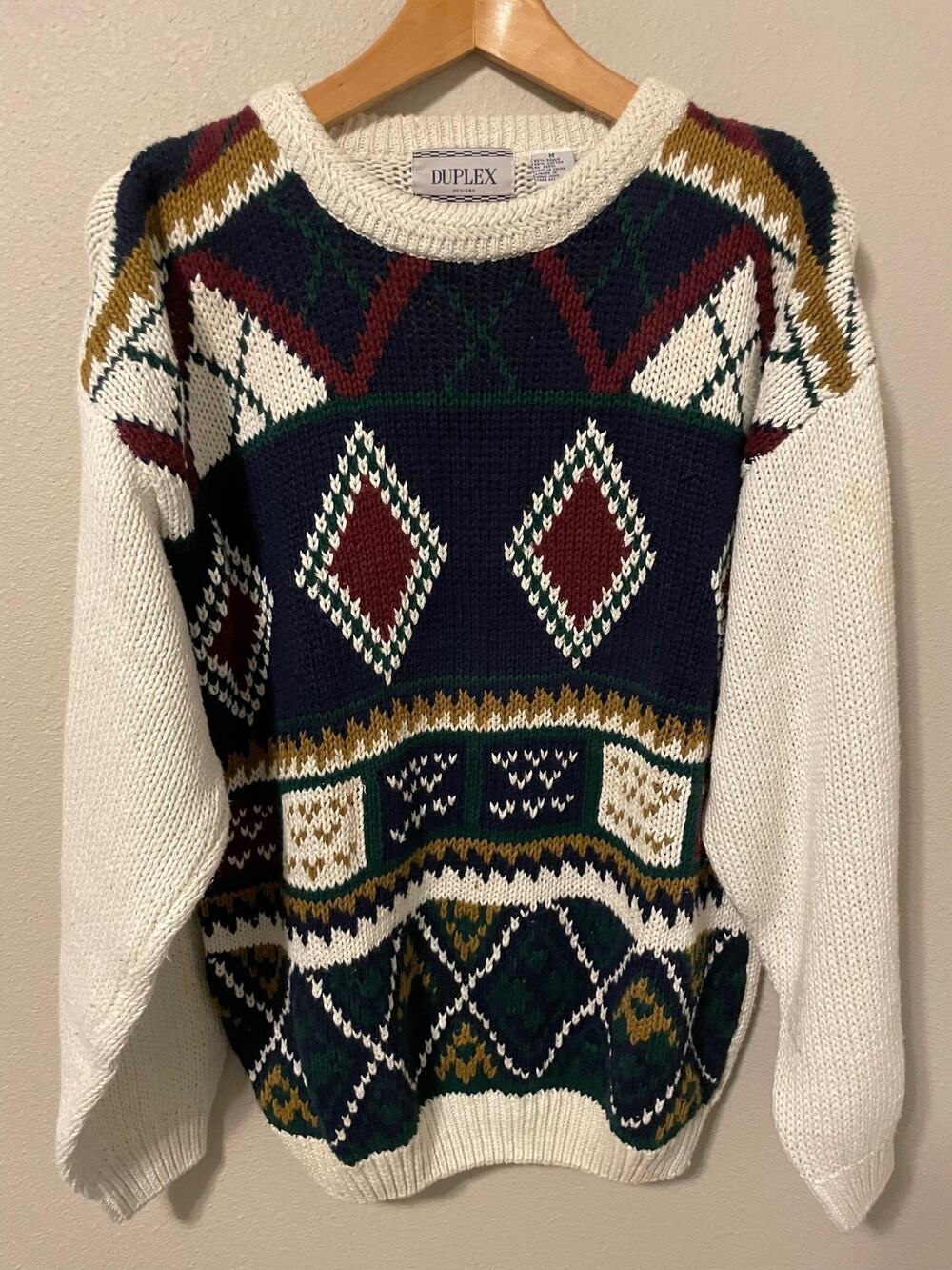 Vintage Duplex Designs Sweater Mens Medium Multicolor Argyle Knit Grandpa Cosby